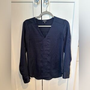 Express Women’s Navy Button-Down Style V-Neck Long Sleeve Shirt, Dressy, Work